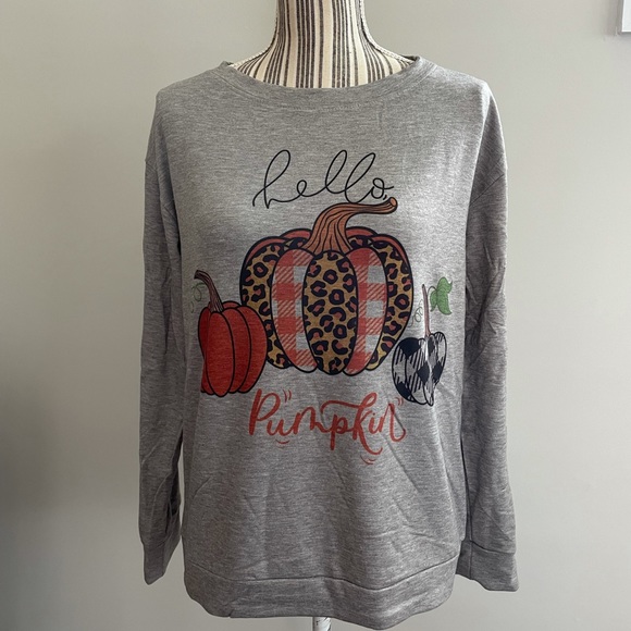 "Hello Pumpkin" Heather Gray Pullover Sweatshirt - Picture 5 of 11